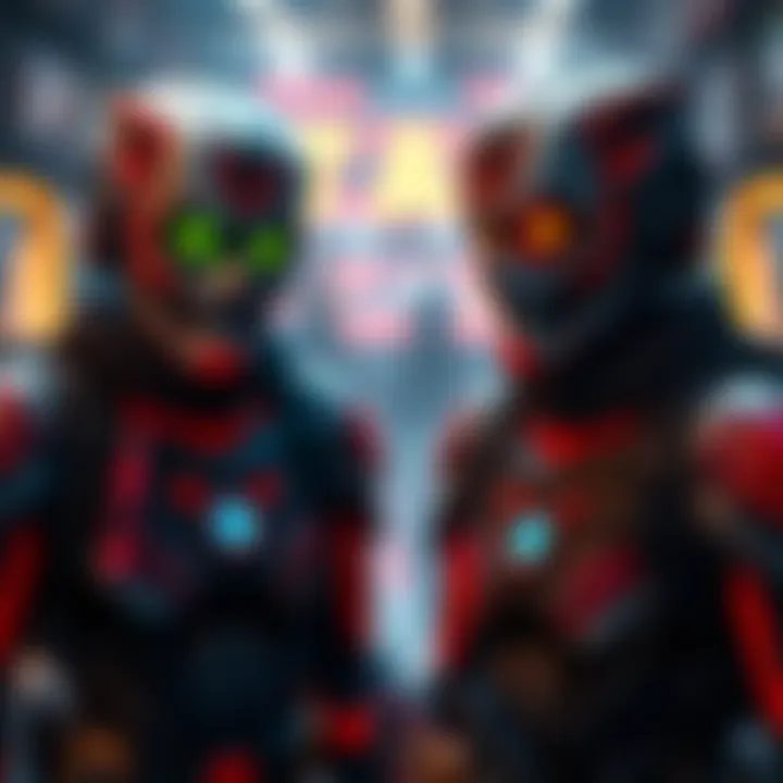 Two characters wearing Triad Gemini skins with robotic features and static faces, showcasing their unique designs in a gaming environment.