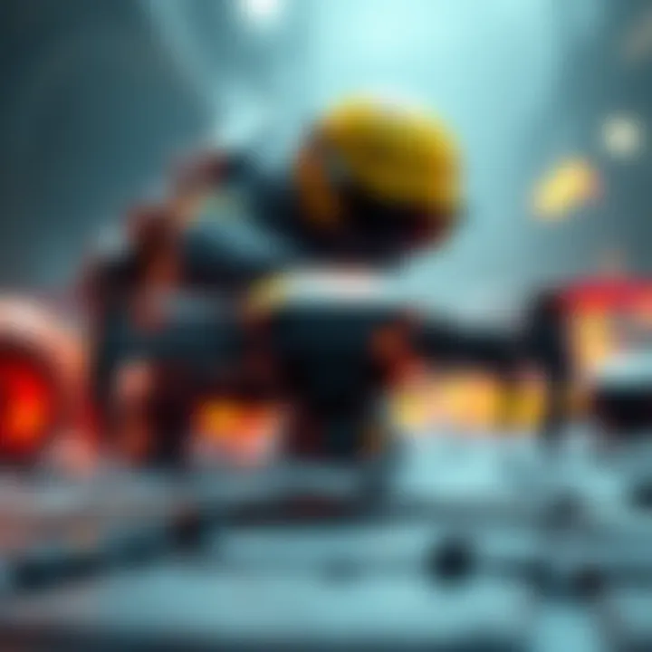 A small, cute drone crouching down as a player character hides, adding charm to the gameplay.