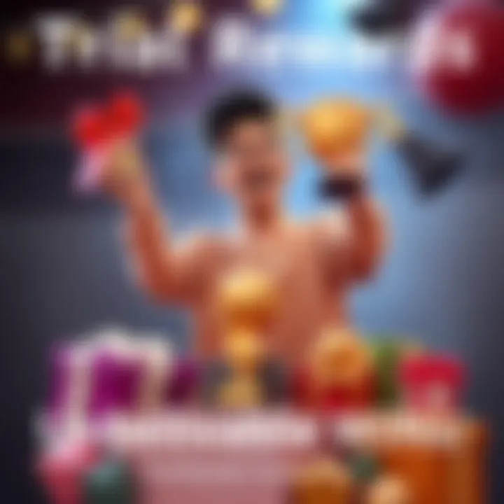 A person joyfully holding a trophy alongside various prizes won from trial rewards, showing excitement and surprise.