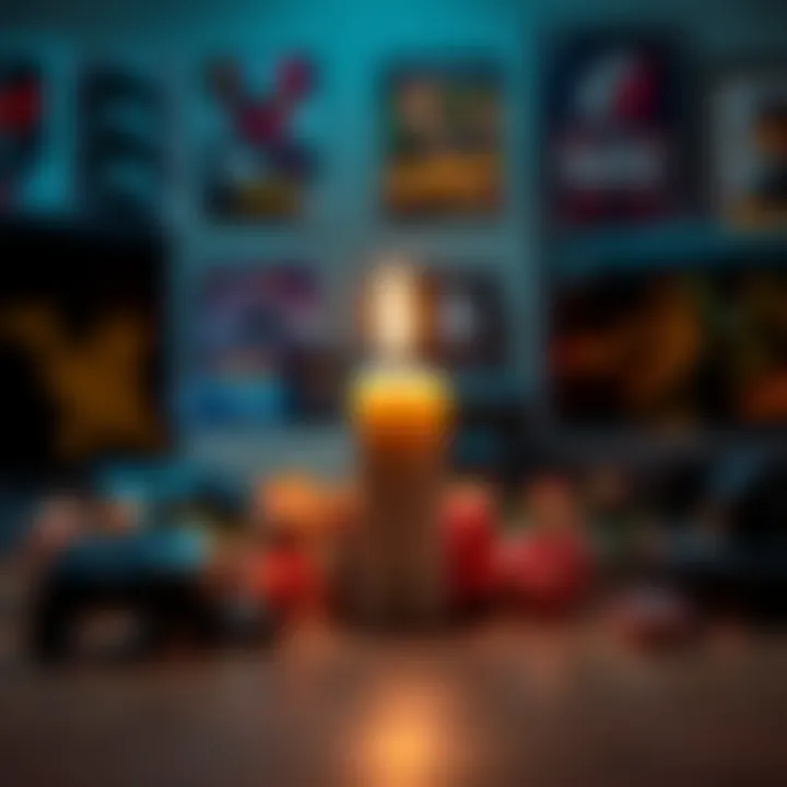 A candle lit in memory of Brad Venable, surrounded by gaming memorabilia and flowers, symbolizing his legacy.