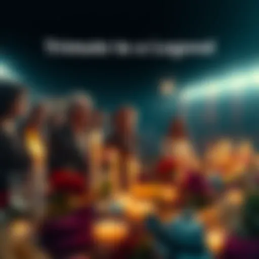 A gathering of people sharing memories and honoring a legendary figure, with candles and flowers in the foreground.