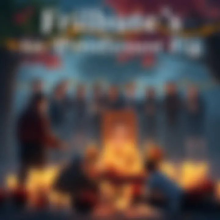 A group of players gathering around a memorial for Professor Fig, sharing their feelings and memories, with candles and flowers.