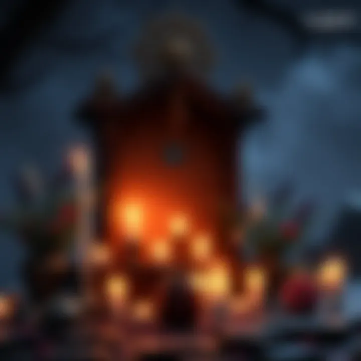 A serene scene honoring Yuri_Hazumaki, featuring a glowing shrine surrounded by flowers, candles, and Tenno symbols, evoking remembrance and respect.
