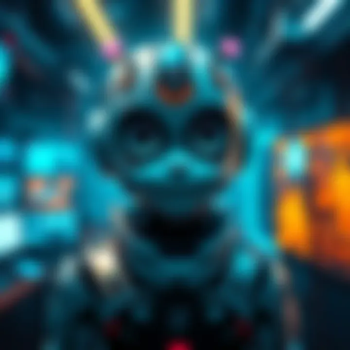 A futuristic representation of Trickster AI, showing a digital character with playful features and a mix of technology elements in the background.