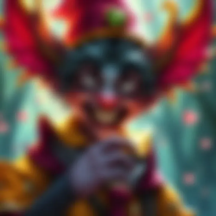 A whimsical trickster character with bright colors and playful attire, showcasing humor and surprise in a fantasy setting