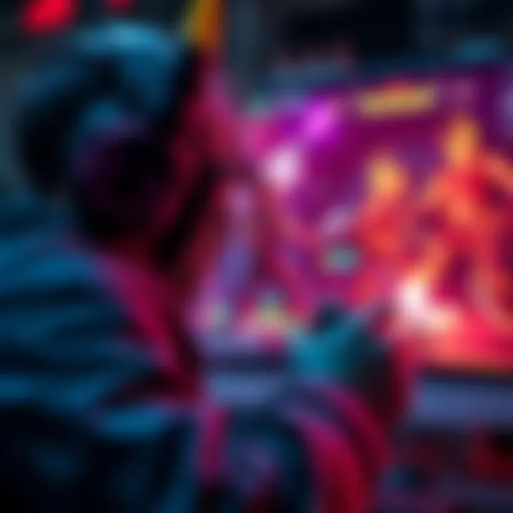 A gamer focused on playing Trickster, surrounded by in-game action and strategies displayed on screen.