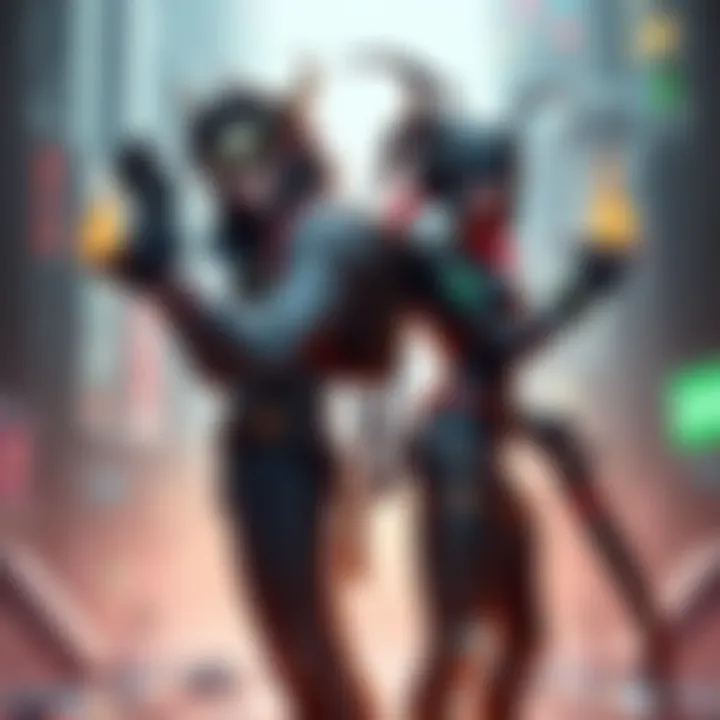 Trickster and Huntress Characters Trickster and Huntress standing back to back in a gaming scene, showing their unique abilities and weapons