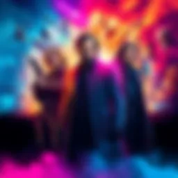 A colorful poster featuring the three main characters from a trilogy, standing together with a backdrop that shows elements from each film.