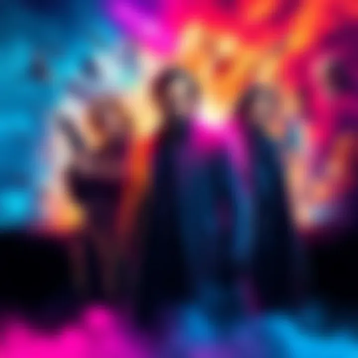 A colorful poster featuring the three main characters from a trilogy, standing together with a backdrop that shows elements from each film.