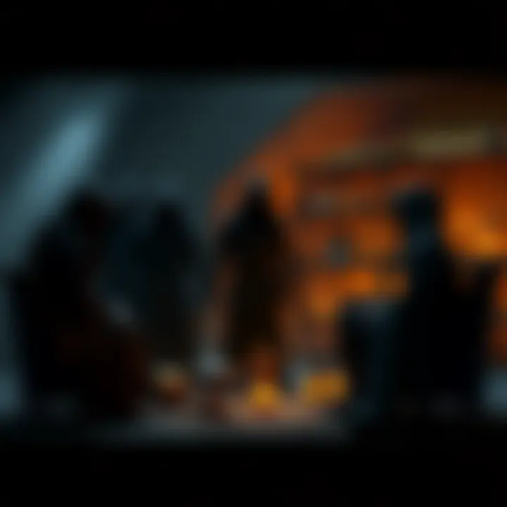 A group of cloaked figures representing Trinity discussing plans in a dimly lit room, with ancient artifacts around them