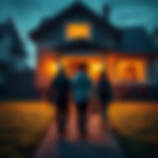 Three people walking towards a house while someone enjoys Scorpion Stew inside