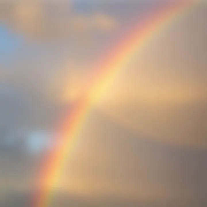 Triple Rainbows in the Sky A breathtaking scene featuring three vibrant rainbows appearing in the sky after a rain shower, with dark clouds and sunlight illuminating the colors.