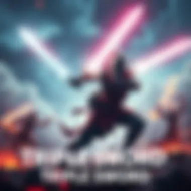 A character wielding three glowing swords, engaged in battle against an enemy