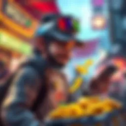 A gaming scene showing a player tripling a busker character with gold coins appearing around them