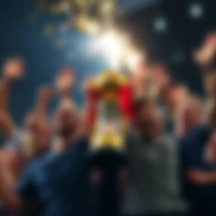 A group of people celebrating with a trophy after a victory, showcasing joy and achievement.