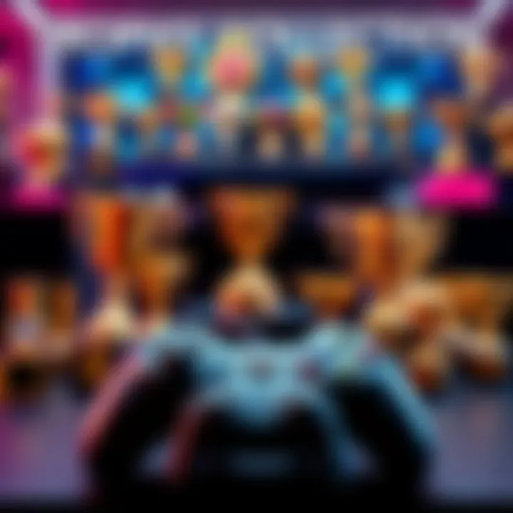 A display of video game trophies with a gaming console and controller in the background
