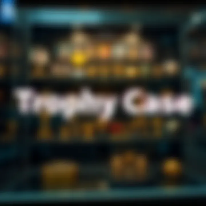Trophy Case Display An image showing a virtual trophy case filled with various gaming trophies and achievements, highlighting player cards and profiles.