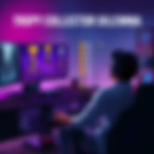 A player sitting at a gaming desk, contemplating trophies on a screen, with unfinished game titles displayed