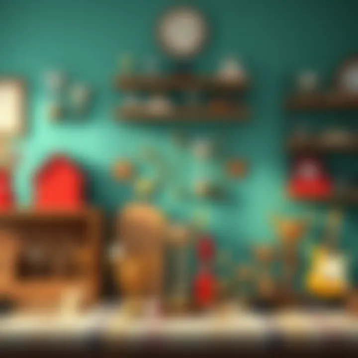 A variety of materials and tools for building a trophy display, including shelves, trophies, and decorative items