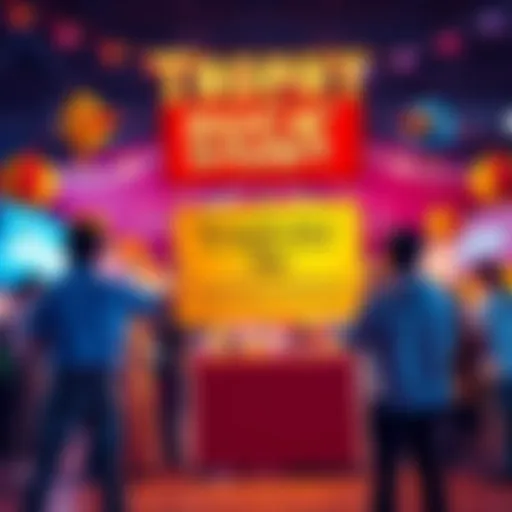 Trophy Duck Keys Giveaway A group of people excitedly participating in a fair giveaway for Trophy Duck keys, with colorful decorations and a sign promoting the event.