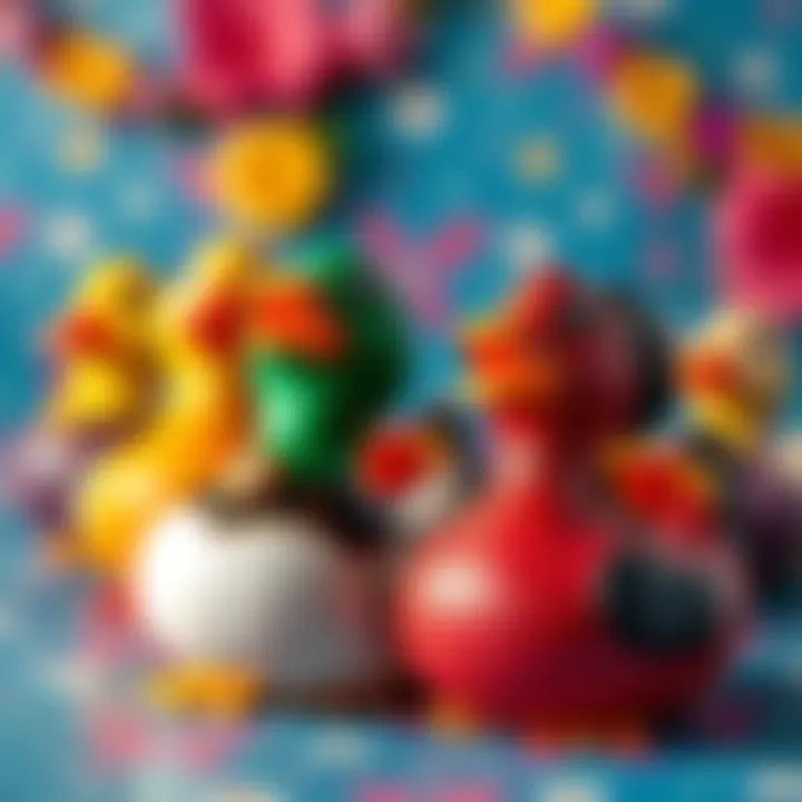 Colorful trophy ducks displayed for a giveaway promotion with a cheerful background
