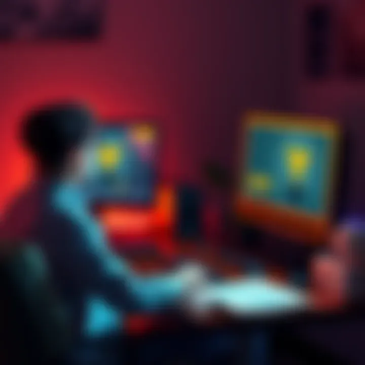 Player sitting at a computer playing Stanley's Parable Ultra Deluxe, with a trophy icon on the screen and guides on the desk