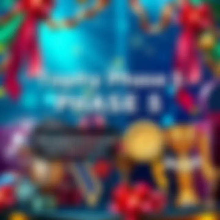 A graphic showing various rewards for Trophy Phase 5, including trophies and medals, with a festive background.