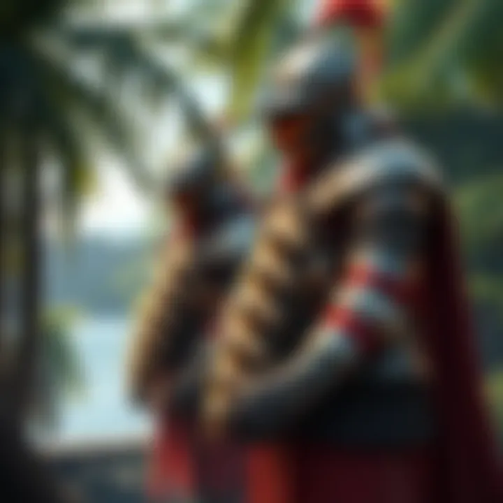 Tropical Armor Variations Illustration of different armor types adapted for hot and humid climates, including lightweight chain and splint mail designs, set against a tropical backdrop.