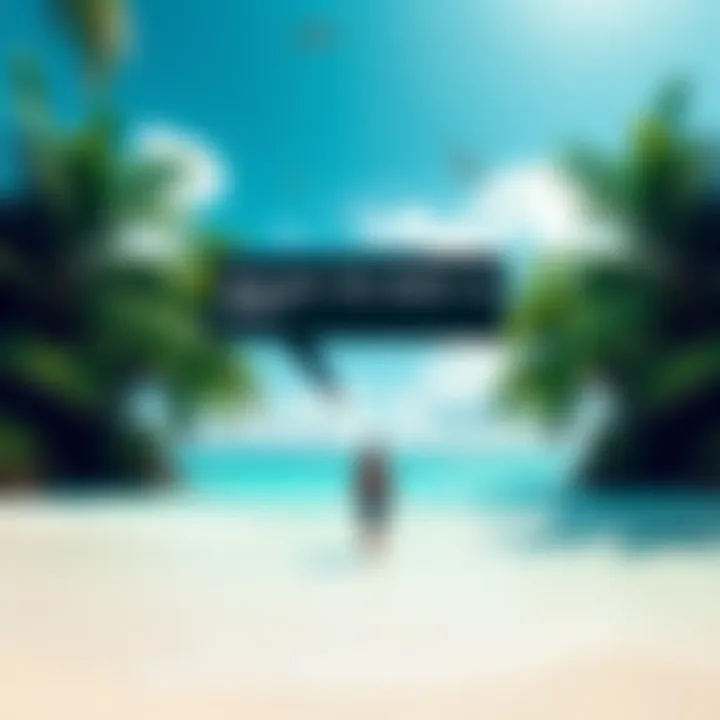 A first-person view of a lush tropical beach with bright blue water and a clear sky, featuring a figure attempting to walk away from the shore, guided by a floating dialogue box from a narrator.