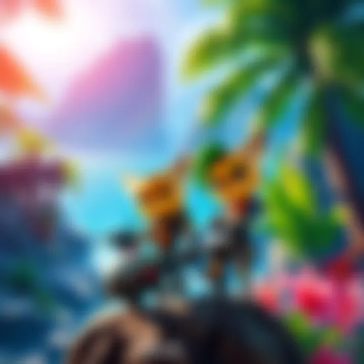 Colorful tropical scenery with characters from PS4 games in the style of Ratchet & Clank