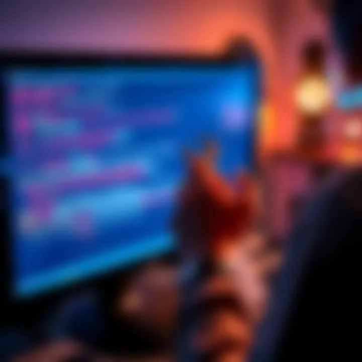 A person looking at a computer screen with error messages while holding a wrench