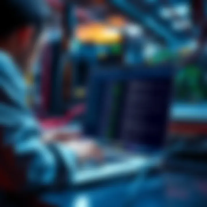 A technician checking ping results on a laptop with network cables and router in the background