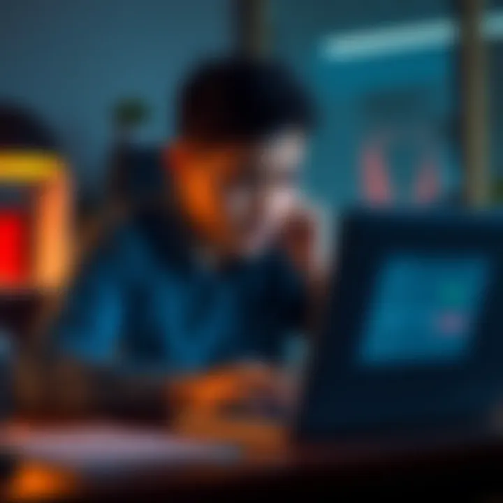 Troubleshooting Server Connection A person sitting at a desk, focused on a laptop with a VPN app open, looking frustrated while checking network settings.