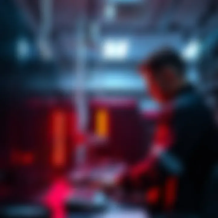 A technician examines a computer server setup in an office, looking for solutions to a connectivity issue.