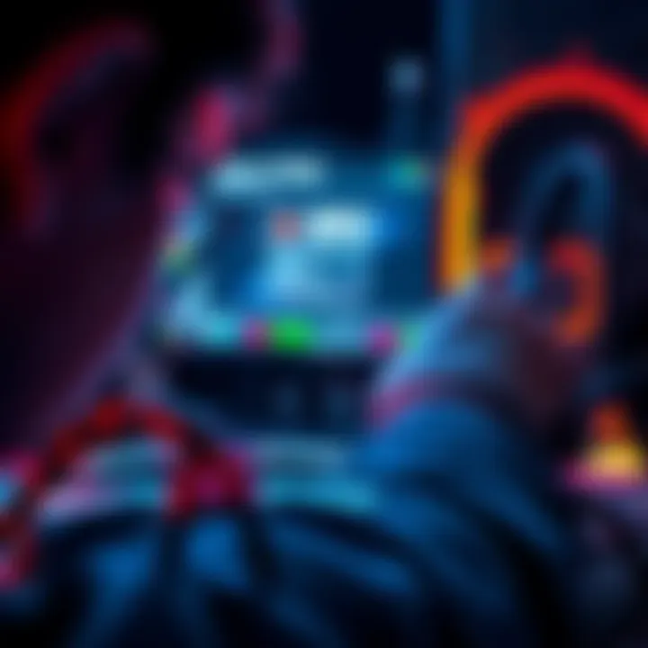 A person examines a graphics card with visible discoloration on the cables and monitor display showing an error message.