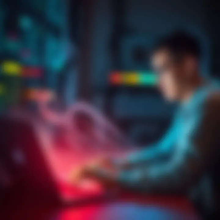 A person troubleshooting their internet connection with a laptop and router