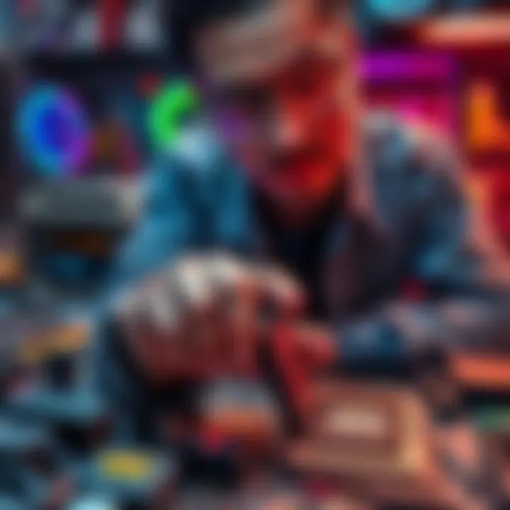 A person examining an SSD with grey globs while troubleshooting on a desk filled with tools and computer parts