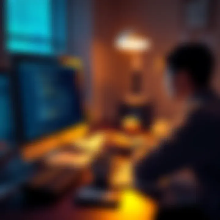 A frustrated person staring at a computer screen showing error messages, surrounded by papers and coffee cups