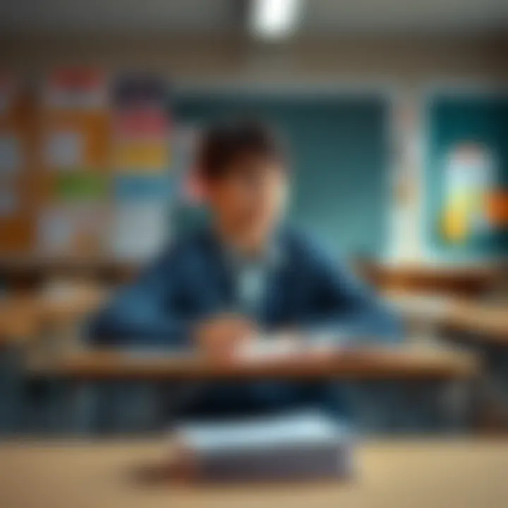 A student named Troy sitting at a desk with books and notes, looking thoughtful about his school performance.