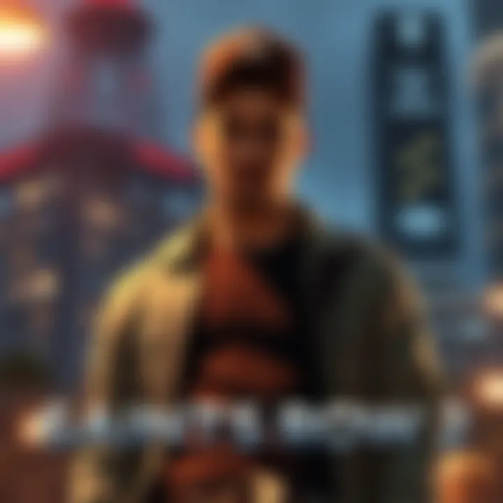 Troy standing with a serious expression, wearing casual urban clothing, with a cityscape in the background