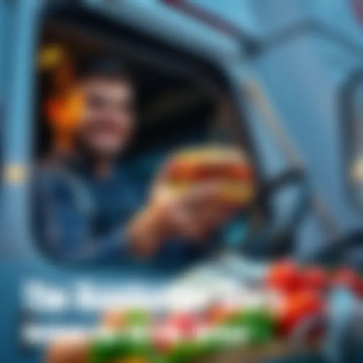 A truck driver holding a hamburger while standing next to his truck, surrounded by fresh ingredients like lettuce and tomatoes.