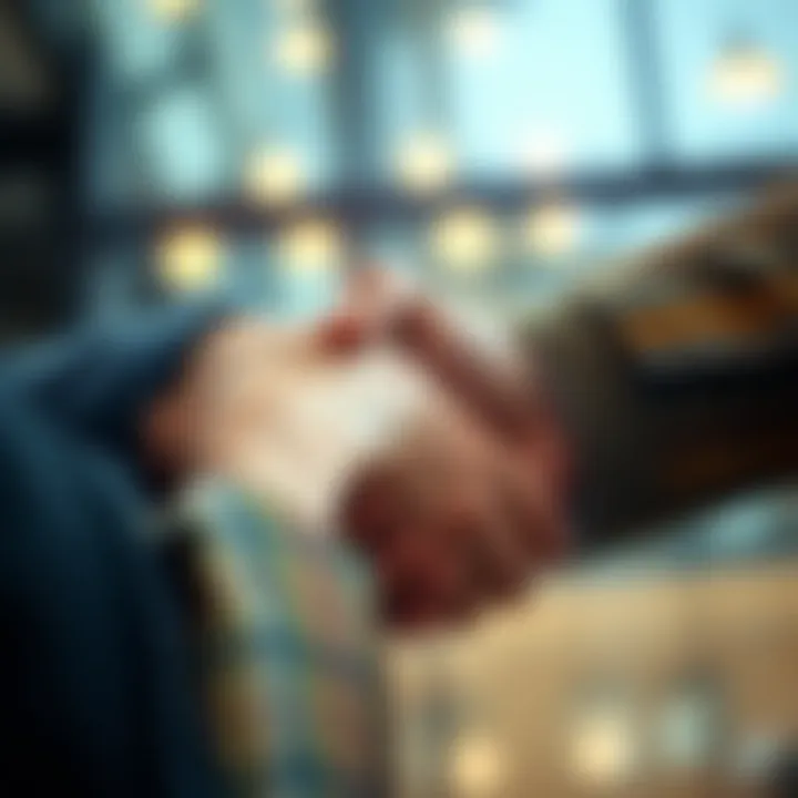 Two people shaking hands A close-up of two individuals shaking hands, symbolizing trust and cooperation in a partnership