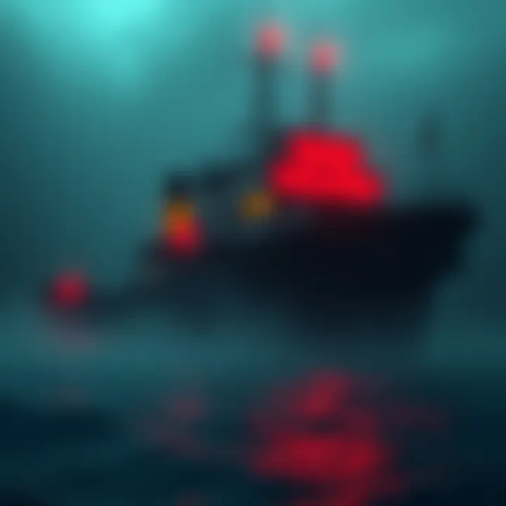 The True Ship from Resident Evil in a dark and eerie setting, showcasing its worn and haunted appearance, with fog and ocean waves in the background.