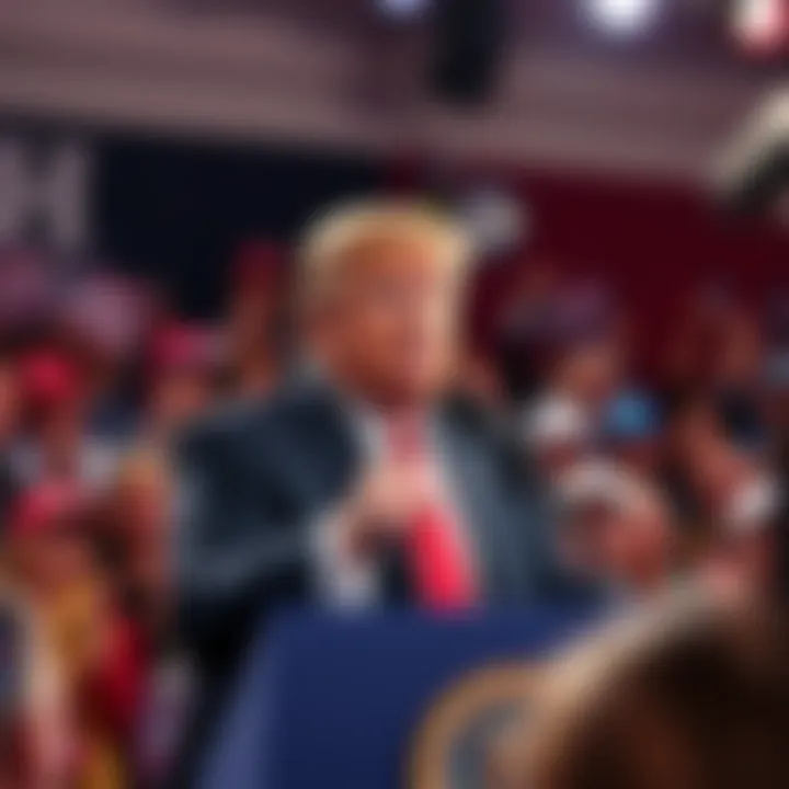 Donald Trump speaking to a crowd with supporters cheering around him