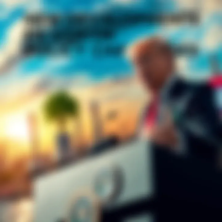 President Trump discussing new environmental policies at a podium with a backdrop of nature and industrial imagery