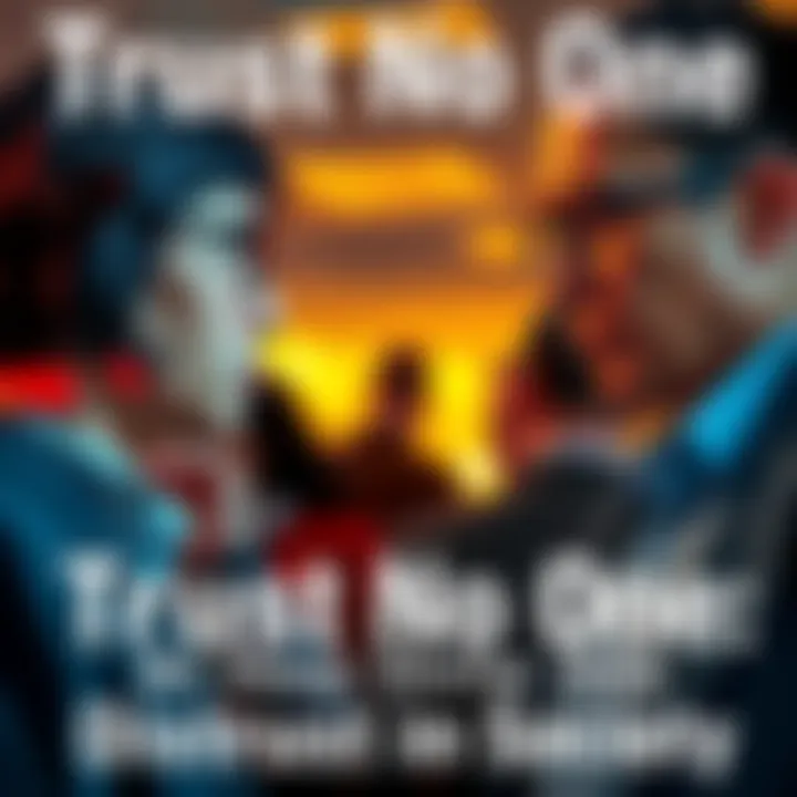 Two people talking with skeptical expressions, highlighting themes of distrust in society.