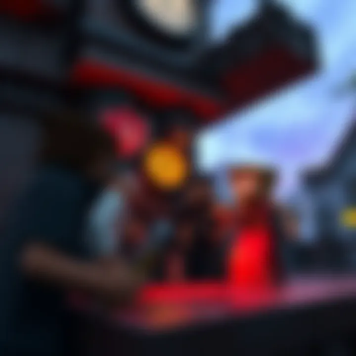 Players discussing strategies in a Blood on the Clocktower game setting within Minecraft, showing tension and intrigue.