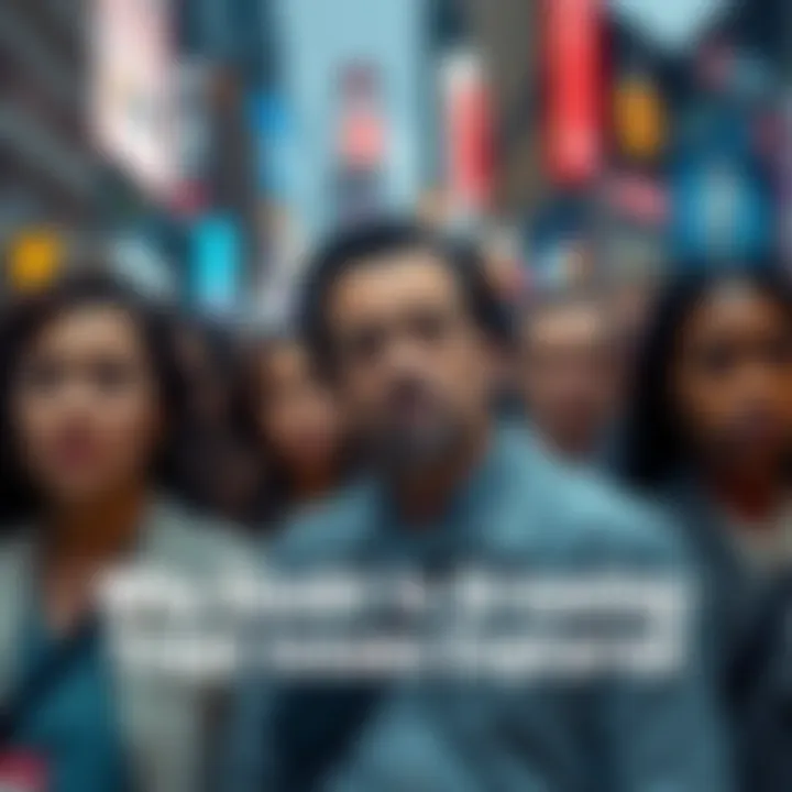 Trust Issues in Society A group of diverse people looking uncertain and skeptical in a city setting, symbolizing growing mistrust in society.