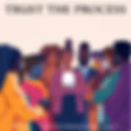 Trust the Process Illustration A group of diverse people discussing a concept with a confident person at the center, symbolizing the phrase 'She's in there, trust'.