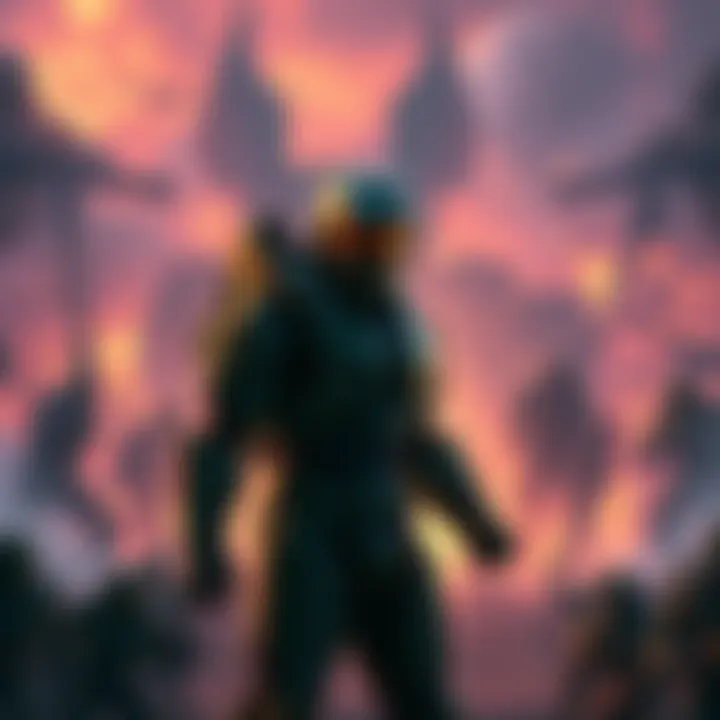 A scene showing Truth standing defiantly against a backdrop of battle, symbolizing his betrayal of the Elites during the Halo conflict.